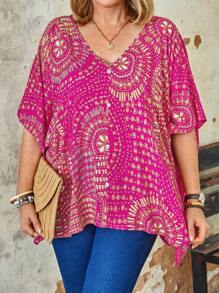 Blusa de manga de murciélago con estampado floral todo sobre para talla grande de verano