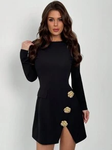 Firerie New Elegant Minimalist Commute Black Round Neck Cinched Waist Slit Metal Buckle Decor Long Sleeve Mini Dress, Valentine's Day Work Outfit,Summer Dresses For Women
Spring Clothes