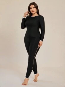 3pcs/Set Plus Size Contrast Binding Long Sleeve Top, Pants And Cover-Up Skirt, For Summer Beach Vacation