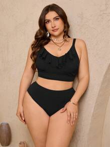 Swim Chiccia Plus Size Elegant Ruffled Decorated Swimwear Set For Summer Beach - Black - View 3