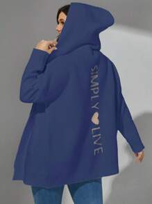 Calvaya Cardigan Wanita Ukuran Besar dengan Motif Huruf, Model Bahu Longgar, Model Berkerudung, Musim Dingin - Biru - View 1