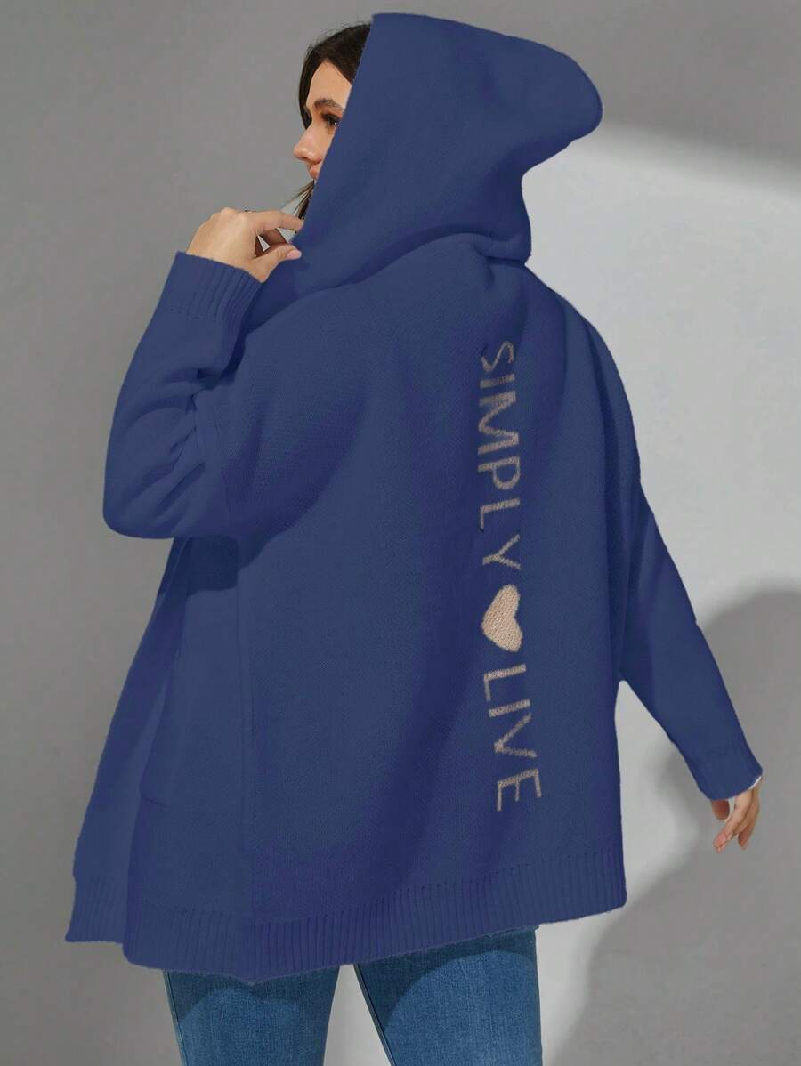 Calvaya Cardigan Wanita Ukuran Besar dengan Motif Huruf, Model Bahu Longgar, Model Berkerudung, Musim Dingin - Biru - View 1