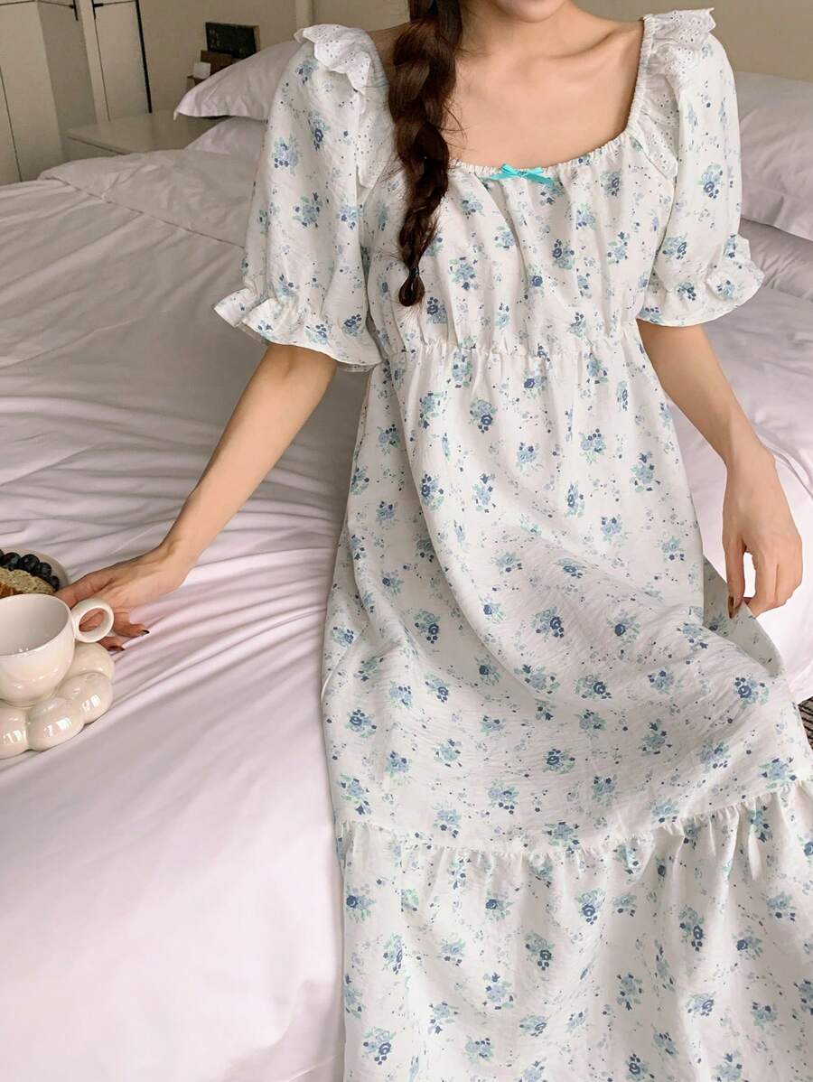 DAZY 甜美碎花蝴蝶结装饰荷叶边泡泡袖睡袍睡衣 - 杏色 - 查看 1