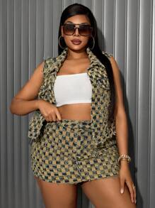 SHEIN SXY Chaleco de mezclilla con estampado de cuadros para mujeres de talla grande - Azul - Ver 6