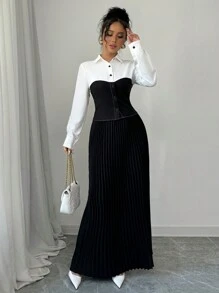 Chiquease Conjunto de 2 piezas de blusa ajustada con bloques de color elegante y falda con dobladillo plisado para mujer, para otoño