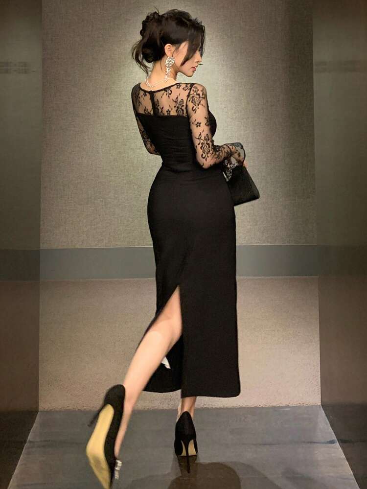 Sheer Mesh Lace Patchwork Long Dress, Flare Sleeve, Mermaid Hem, Holiday Resort Wear For Women, Spring/Fall Elegant,Formal Women Dresses Long Sleeve Dress Prom Dress Maxi Dress