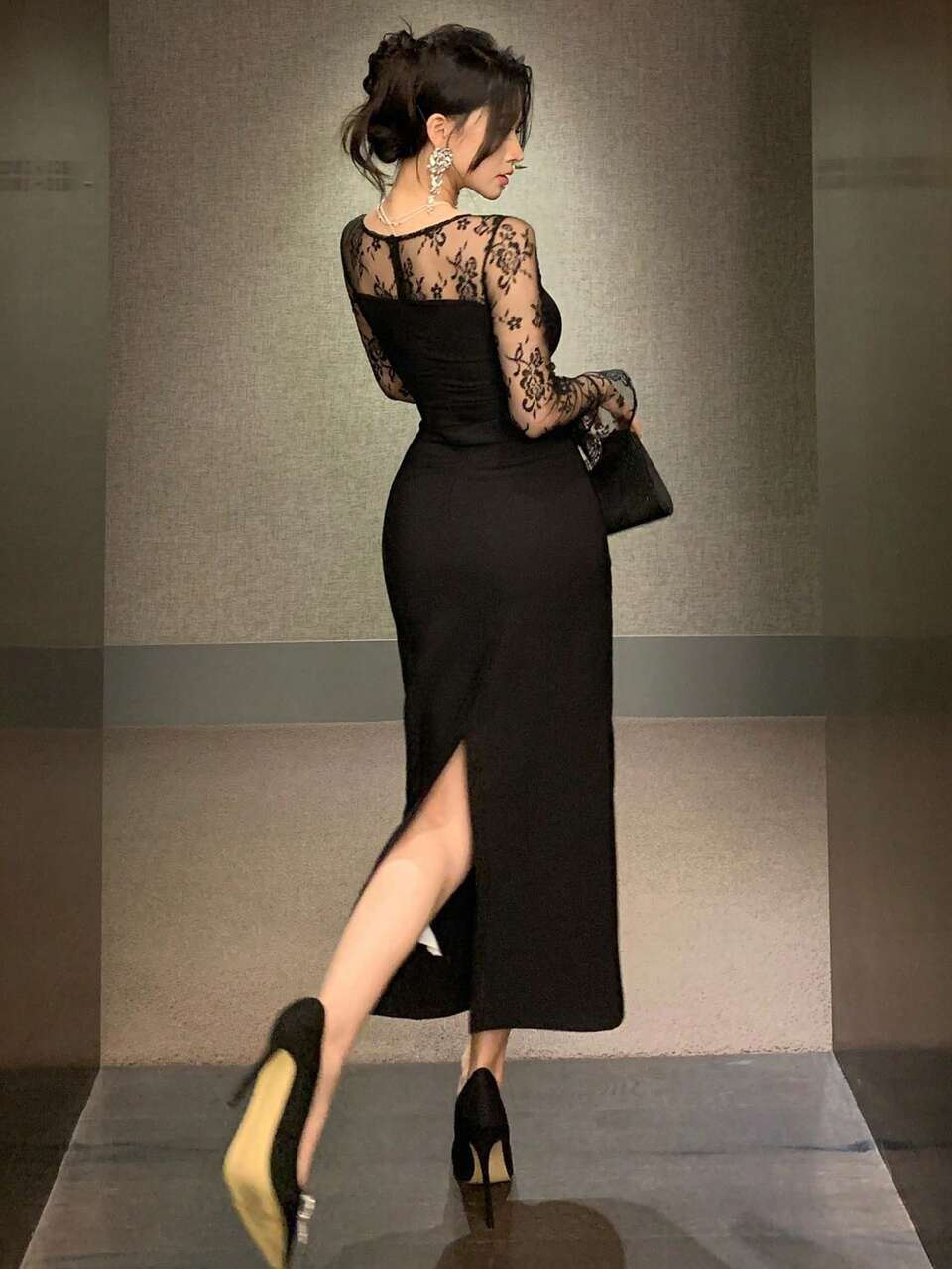 Black Floral Sheer Mesh Lace Patchwork Long Dress,Flare Sleeve Mermaid Hem,Elegant Formal Prom Maxi Dresses For Women,Autumn Seductive Party Wear