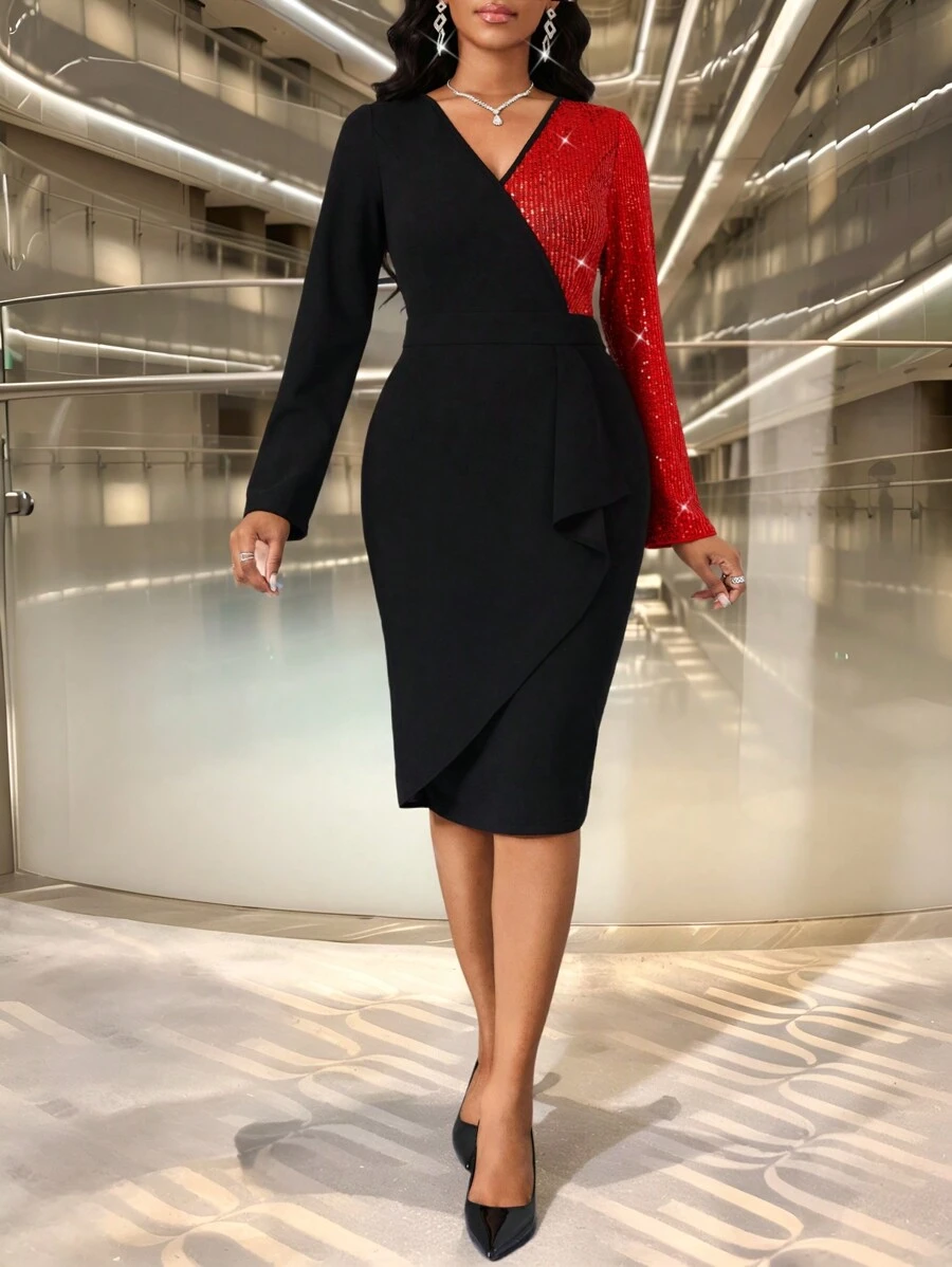 SHEIN Lady 春夏秋冬优雅办公室聚会新年女士连衣裙 - 紅色和黑色 - 查看 1