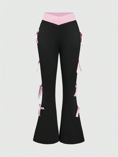Pantalon évasé taille super basse avec bloquage de couleurs doux et épicé, décoré d'un nœud papillon, inspiré du style Y2K