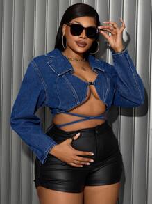 SHEIN SXY 大码时尚性感系带短款牛仔夹克 - 深色水洗藍 - 查看 2