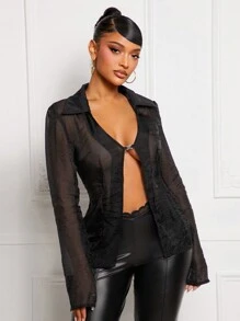 SHEIN SXY 女士时尚性感透明长袖衬衫，黑色长袖上衣， - 黑色 - 查看 1