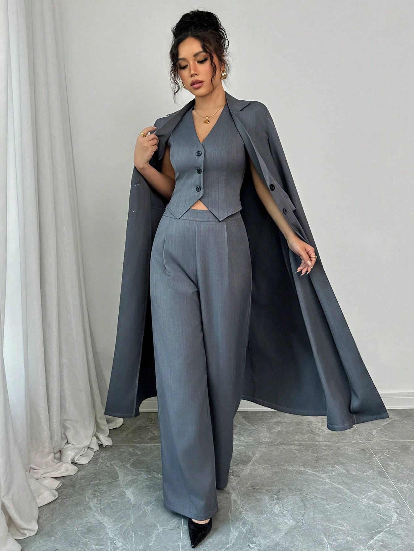 Elenzga طقم من 3 قطع، كارديجان طويل بإحساس الكتان،...