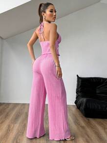 Chiquease Conjunto sexy de top halter plisado de tela texturizada y pantalones anchos de pierna ancha