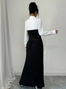 Chiquease Conjunto de 2 piezas de blusa ajustada con bloques de color elegante y falda con dobladillo plisado para mujer, para otoño