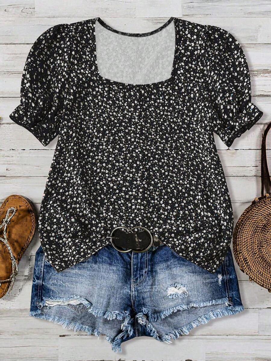 EMERY ROSE 女士方领短袖小碎花印花衬衫，日常休闲 - 黑色 - 查看 1