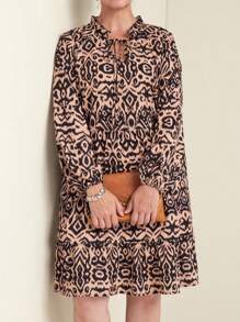 Plus Size Women's Printed Long Sleeve Dress, Spring/Summer - Khaki - View 6