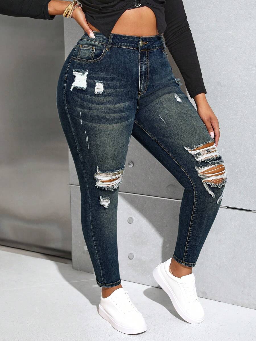 Slaydiva Plus Size Simple & Fashionable Casual Everyday Denim Jeans - Dark Wash - View 1