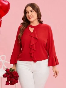 SHEIN Clasi Große Größen Damen einfarbige Bluse mit Rüschensaum und Glockenärmeln, elegant für Valentinstag, Festivals, Boho, Vintage-Stil - Rot - Übersicht 7