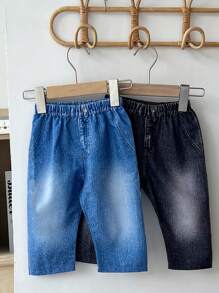 2pcs/Set Baby Boys Denim Effect Pants Set, Designed For Fashionable Baby Boy, Includes Two Comfortable Denim-Print Pants. The Denim Effect Design Not Only Offers A Stylish Look, But Also Provides Soft And Comfortable Wear, Suitable For Spring/Autumn And Various Daily Activities