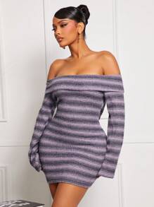 SHEIN SXY 1 chiếc váy ngắn hở vai kẻ sọc dài tay tối giản bó sát, mặc thường ngày, váy hở vai - Hồng - Xem 7
