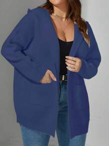 Calvaya Cardigan Wanita Ukuran Besar dengan Motif Huruf, Model Bahu Longgar, Model Berkerudung, Musim Dingin - Biru - View 5