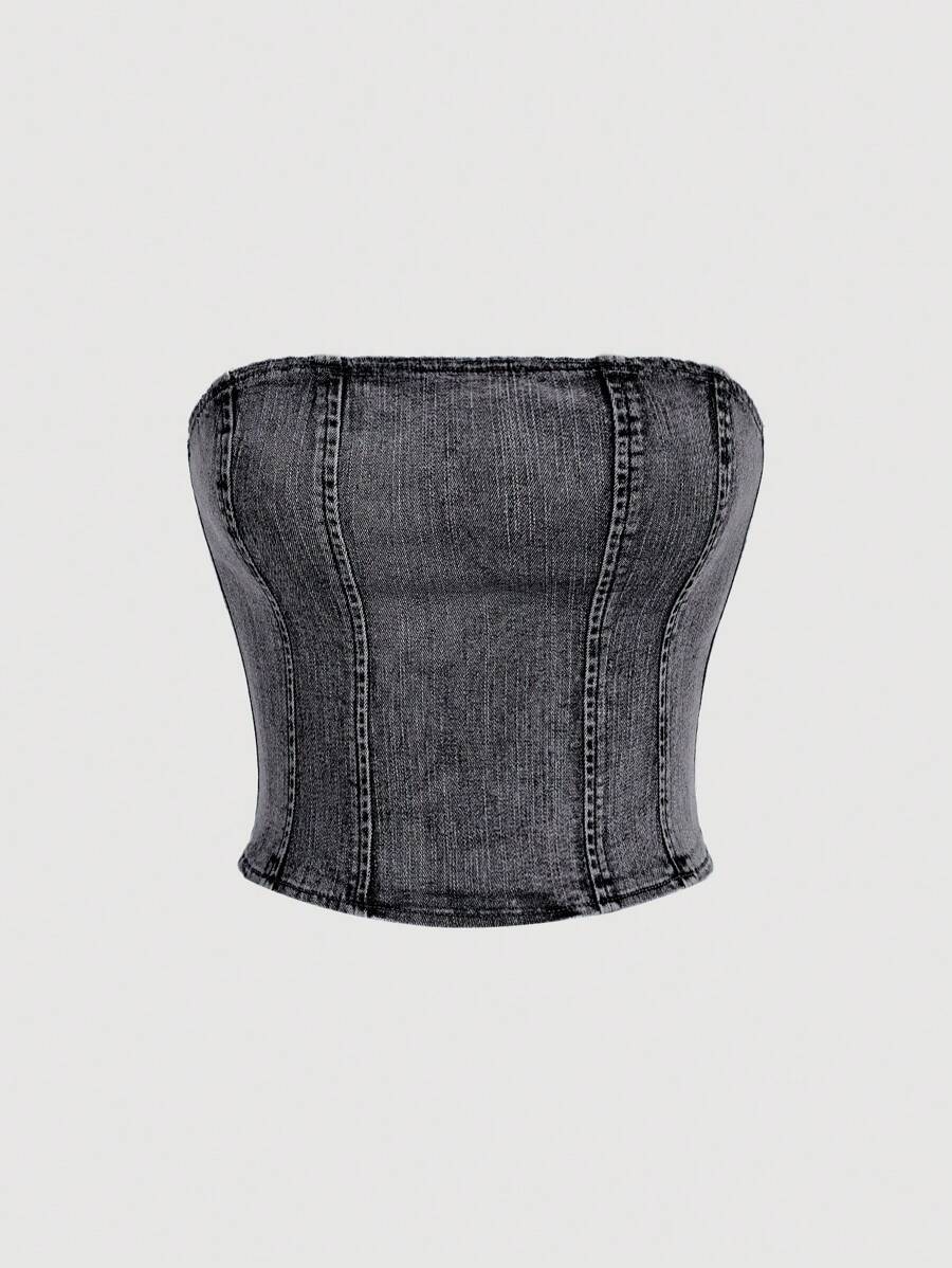 SHEIN MOD 女士休闲修身牛仔抹胸 - 黑色 - 查看 1