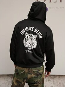 DAZY Sudadera con capucha negra con gráfico de tigre y letra para hombre, primavera