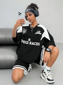 Coolane 女士街头服饰嘻哈摩托印花运动 T 恤和篮球短裤套装，2 件 - 黑色 - 查看 6