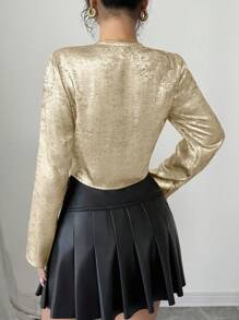 Elenzga Women's Contrast Color Bowknot Blouse - Gold - View 2