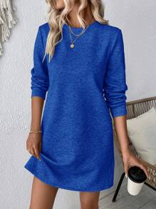 SHEIN LUNE 休闲常规纯色圆领长袖连衣裙