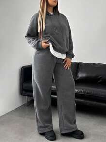 INAWLY Plus Size Women 2pcs Set Casual Loose Solid Color Drop Shoulder Long Sleeve Hoodie Sweatshirt And Pants, Autumn - Dark Grey - View 3