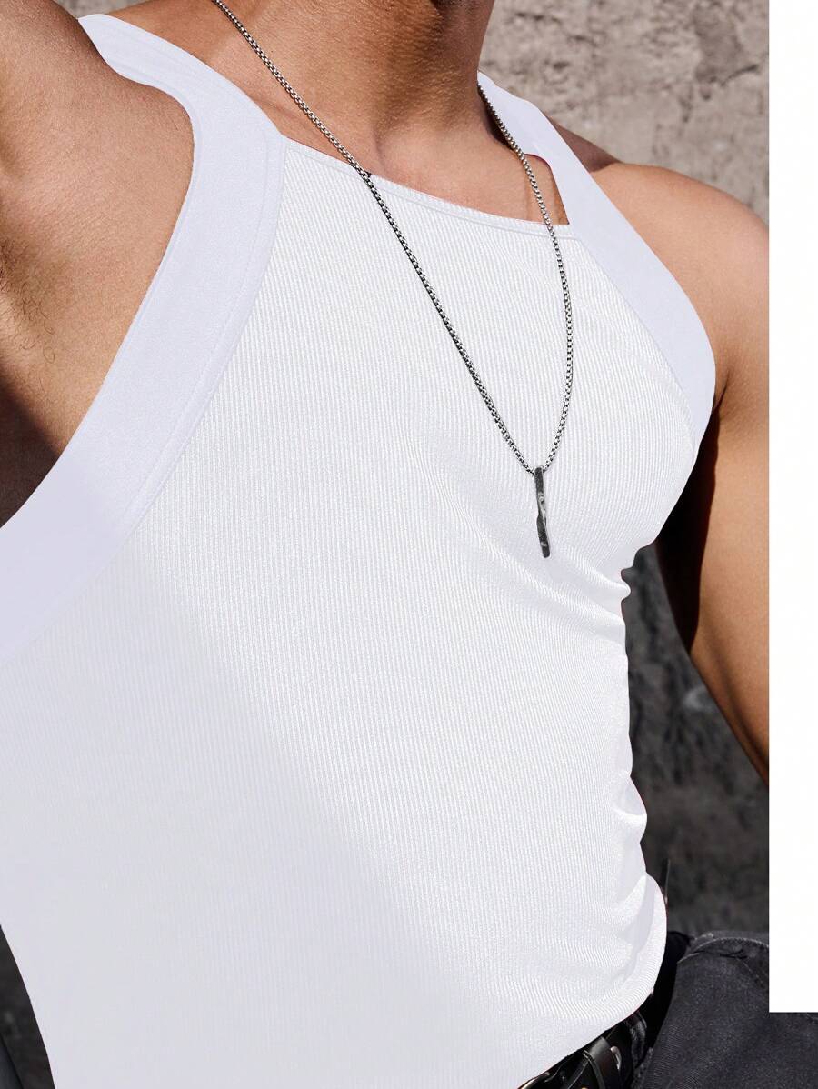 Manfinity Hypemode Top de punto acanalado de unicolor para hombre para verano, top sin mangas liso casual para regalo de novio - Blanco - Ver 1