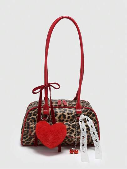 Kawaii Borsa a tracolla/da sottopiano vintage alla moda da donna, decorata con stampa leopardata in ecopelliccia, fiocco a forma di cuore, con tasche multiple, adatta per San Valentino, feste e uso quotidiano