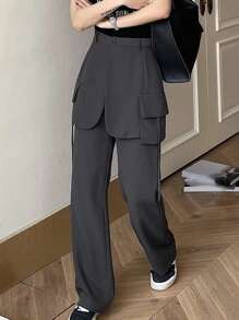 DAZY 女士纯色实用口袋缝线直筒裤