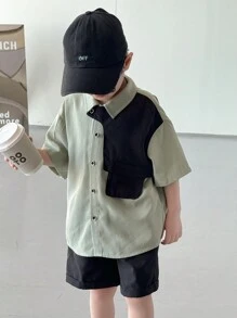 SHEIN Little Byeori 2 件年轻男孩休闲时尚舒适简约百搭宽松柔软短袖衬衫和短裤套装，适合春夏季、日常、运动、郊游、学校、聚会、节日、摄影、韩式