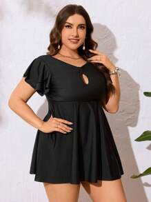 SHEIN Swim Curve Vestido de traje de baño de unicolor de talla grande con volantes y abertura delantera para el verano