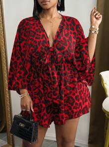 Slaydiva Plus Size Women's Elegant Leopard Print Jumpsuit, Suitable For Commuting