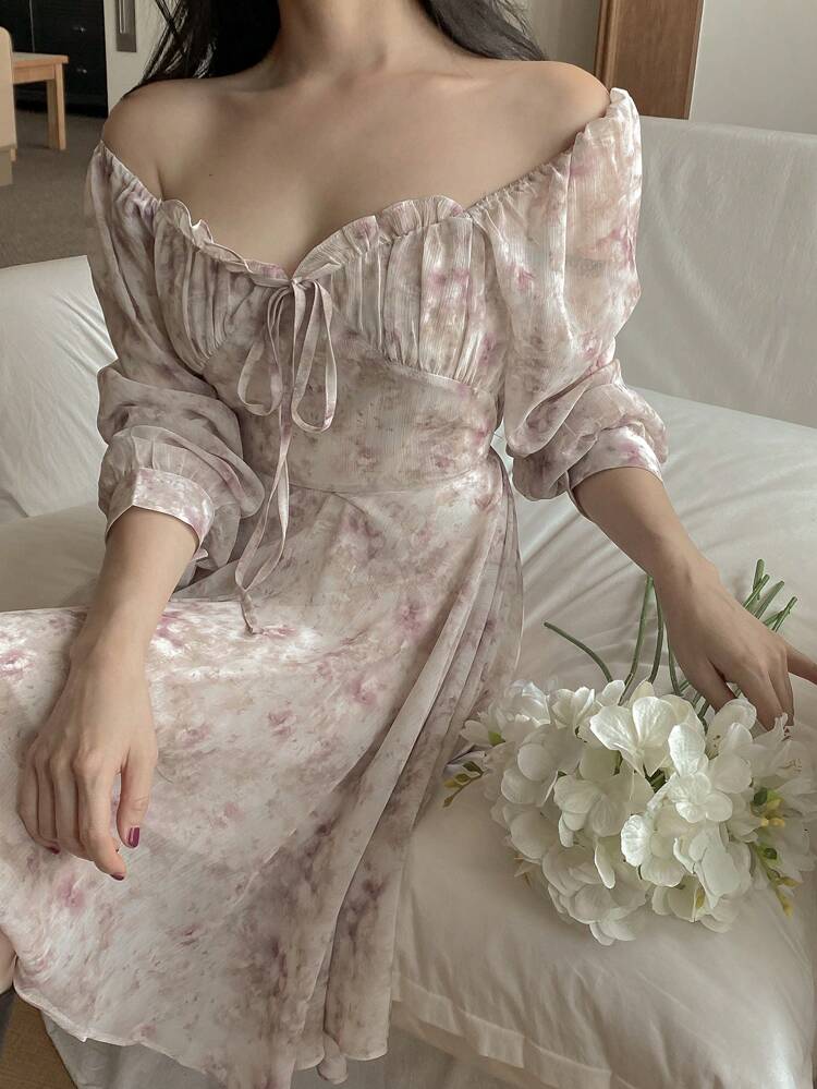 Women's Floral Sweetheart Collar Puff Sleeve Short Dress, Pink, Casual Holiday Beach Style, Spring/Summer,Milkmaid Dress Sundress Vacation Outfits Women Boho