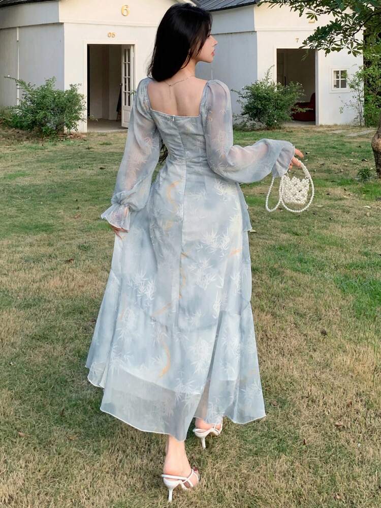 Nuevo vestido de verano con estampado de plantas, cintura recogida, diseño de vestido de musa, vestido largo para mujer para vacaciones, volantes de otoño, vestido maxi floral de invierno
