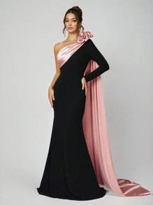 SHEIN Belle Women's Knit Black Contrast Stereo Floral Mermaid Hem Evening Party Dress, Wedding Guest Dress, Prom Dress - Pink - View 1