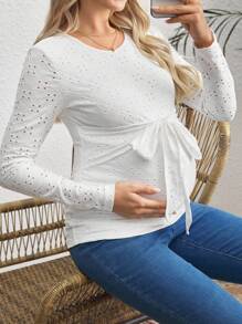 SHEIN Maternity Solid Eyelet Embroidery Tie Front Tee - White - View 1