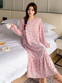 DAZY Women's Loose Ditsy Floral Raglan Sleeve Ruffle Trim Spring Nightgown Pajama - Pink - View 6