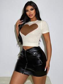 Zolique Women Crew Neck Short Sleeve Hollow-Out Casual Heart Knit Top - Multicolor - View 4