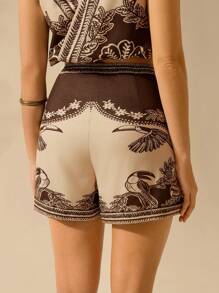 CAJUNI Women's Boho Tropical Bird & Plant Print Casual Vacation Summer Beach Apricot Shorts
