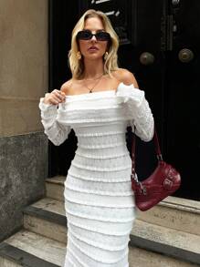 Forever 21 Women's Elegant Solid Color Off The Shoulder Fitted Dress - Apricot - View 1