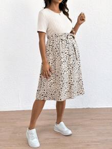 SHEIN Maternity Casual Ditsy Floral Patchwork Dress For Vacation - Apricot - View 5