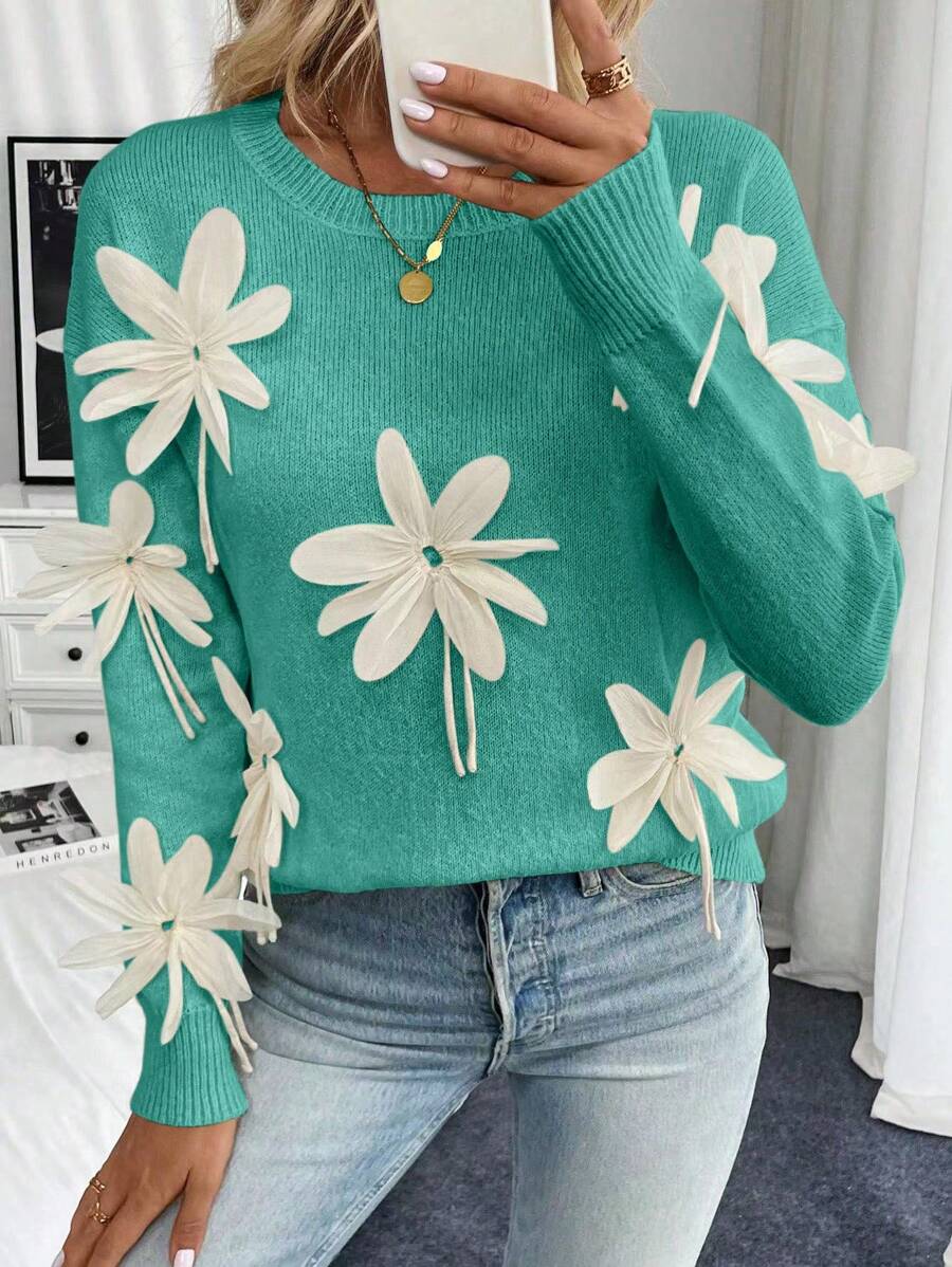 SHEIN Unity 手工编织花卉图案套头毛衣,简约时尚,休闲日常针织套头衫,秋冬款 - 薄荷綠 - 查看 1