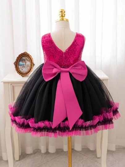 女孩圣诞节和新年派对穿酒红色连衣裙，配黑色网眼，闪光网眼配 3D 蝴蝶结装饰，甜美公主选美礼服