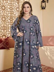 Al Najma Plus Size Style Women Rhinestone Decor Printed Dress - Multicolor - View 1