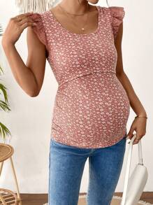 SHEIN 孕妇休闲碎花盖袖哺乳背心 - 粉色 - 查看 4